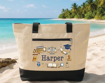 Law Student Tote Bag with Zipper, Personalized Law School Bag, Custom Name Gift for Lawyer Student, Graduation Gift, Work Travel Tote Bag
