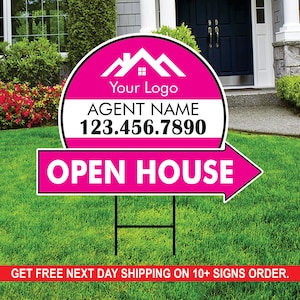 Custom Open House Arrow Yard Sign 18&quot; x 24&quot;, 2 Sided Add Your Text, Logo, Photo Personalized Open House Directional Signs with Metal H-Stake