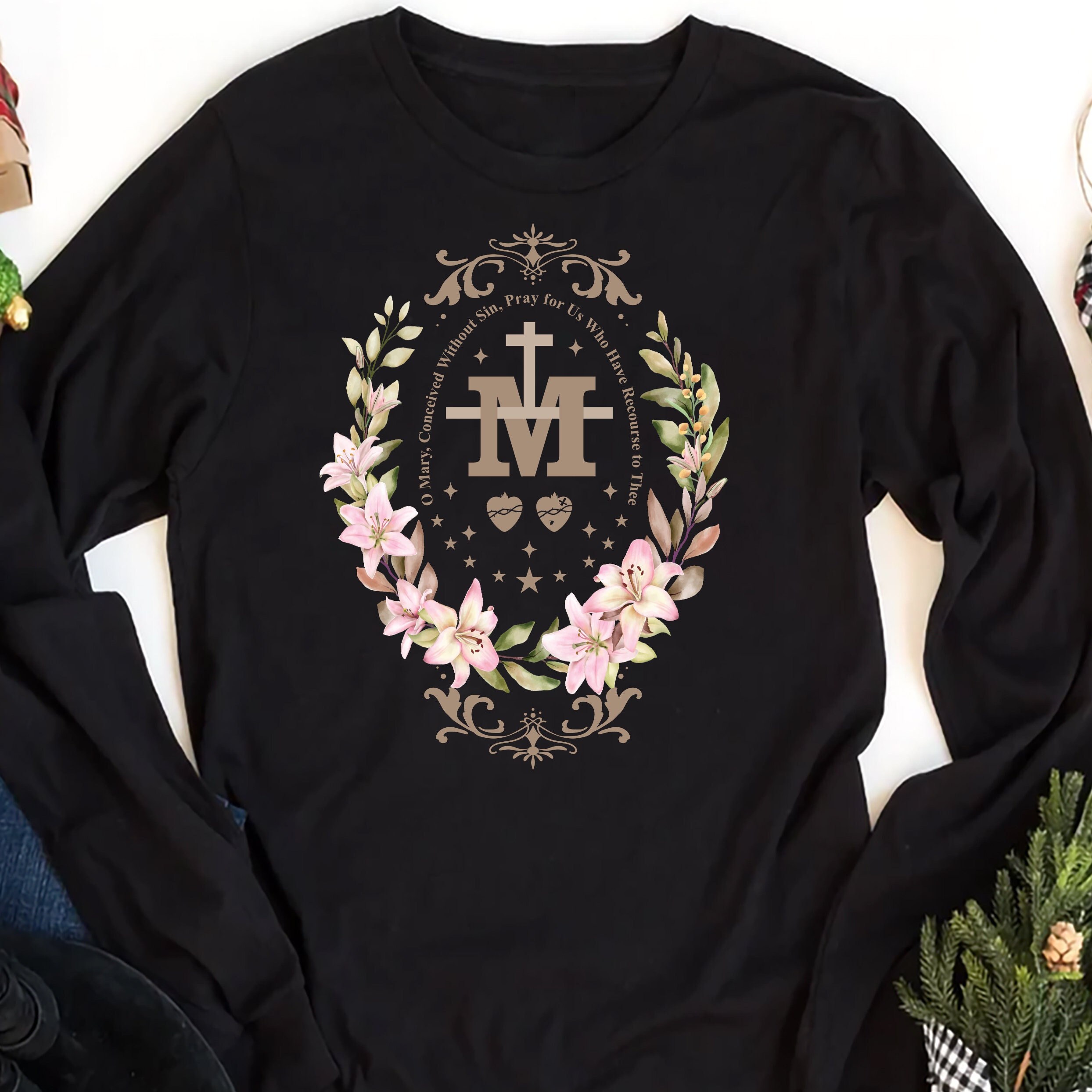 Marian Catholic Long Sleeve Shirt, Marian Cross Shirt For Women, Floral Religious Shirt, Unisex Virgin Mary Shirt, Catholic Friend Gift