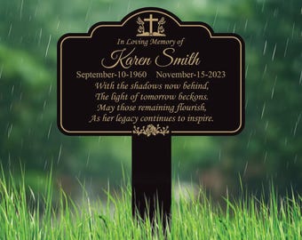 Personalized Memorial Plaque with Stake - Durable Metal Grave Marker in Black & Gold, Customizable Indoor/Outdoor Remembrance Plate Sign