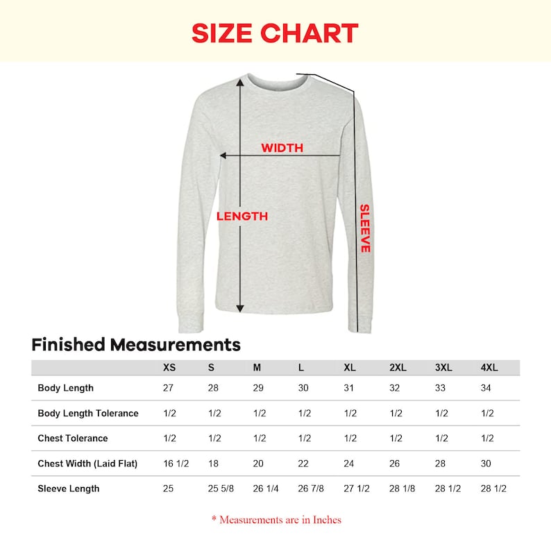 K&ouml;nnte beinhalten: Gr&ouml;&szlig;entabelle f&uuml;r ein Langarmshirt mit Ma&szlig;en in Zoll f&uuml;r die Gr&ouml;&szlig;en XS bis 4XL. Die Ma&szlig;e umfassen K&ouml;rperl&auml;nge, K&ouml;rperl&auml;ngentoleranz, Brusttoleranz, Brustweite (liegend) und &Auml;rmell&auml;nge.