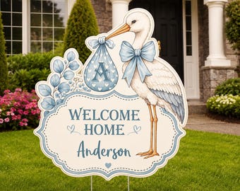 Plaque de bienvenue personnalisée dans le jardin, nom personnalisé pour pelouse, faire-part de bébé cigogne, décoration de cour avant pour bébé, cadeau de bienvenue pour bébé