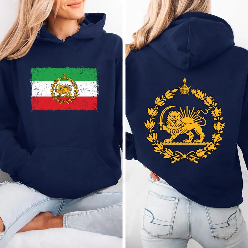 May include: Navy blue hoodie featuring the Iranian flag on the front and a golden lion emblem on the back. The flag design includes green, white, and red stripes with a central emblem. The back design features a lion holding a sword within a wreath.