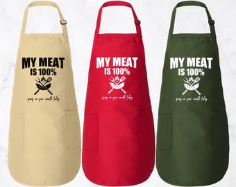 My Meat is 100% Going In Your Mouth Apron, Adjustable Neck, Full-Length Funny Grill Apron with Pockets, BBQ Apron, Apron for Men, Dad Apron
