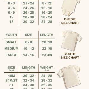 May include: Size chart for onesies, youth shirts, and toddler shirts. The chart shows sizes in months, age, and youth sizes, along with corresponding length and weight measurements in inches and pounds.