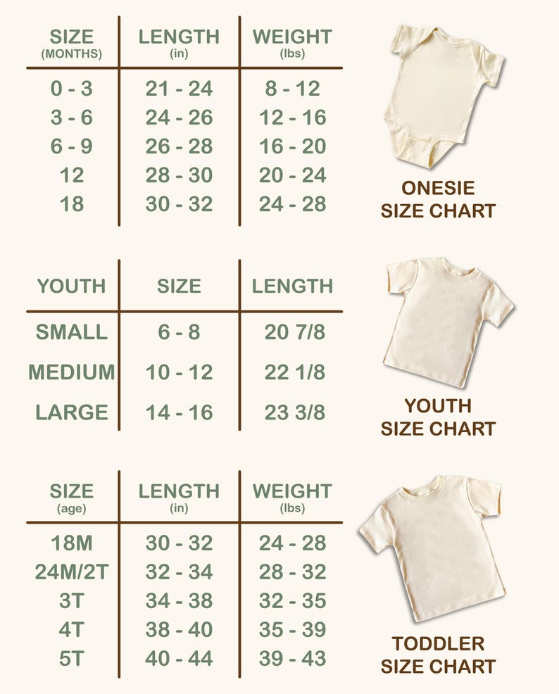 May include: Size chart for onesies, youth shirts, and toddler shirts. The chart shows sizes in months, age, and youth sizes, along with corresponding length and weight measurements in inches and pounds.