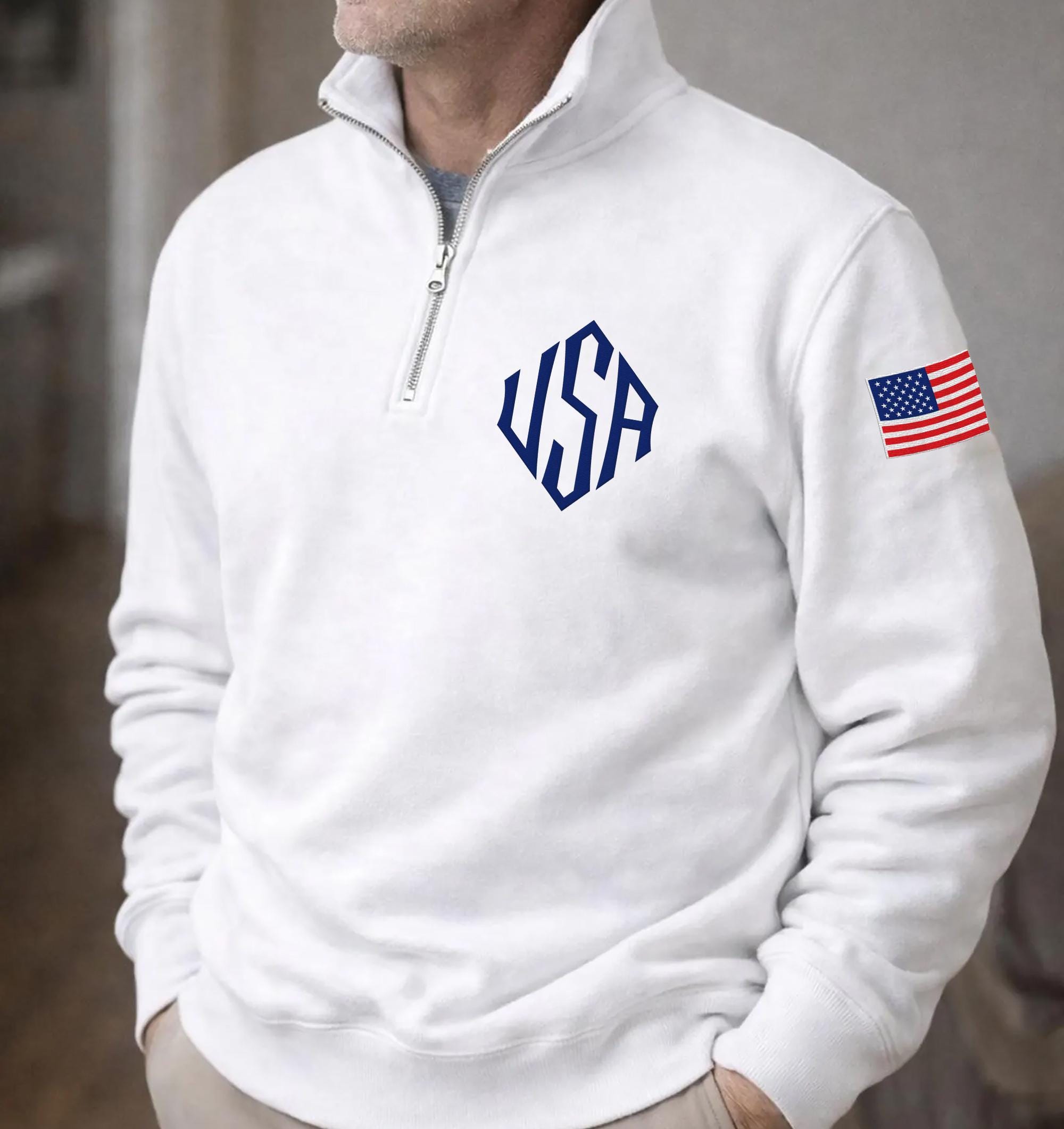 USA Monogram Embroidered Quarter Zip Sweatshirt, Patriotic American ...