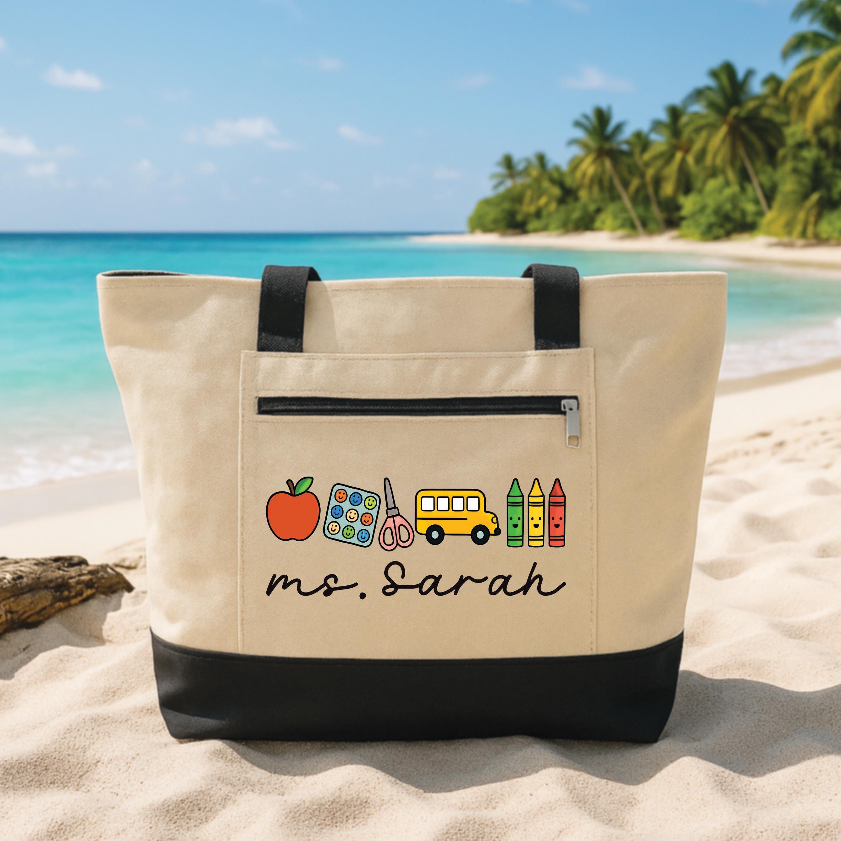 Custom Teacher Tote Bag With Zipper, Personalized Name Teacher Icons ...