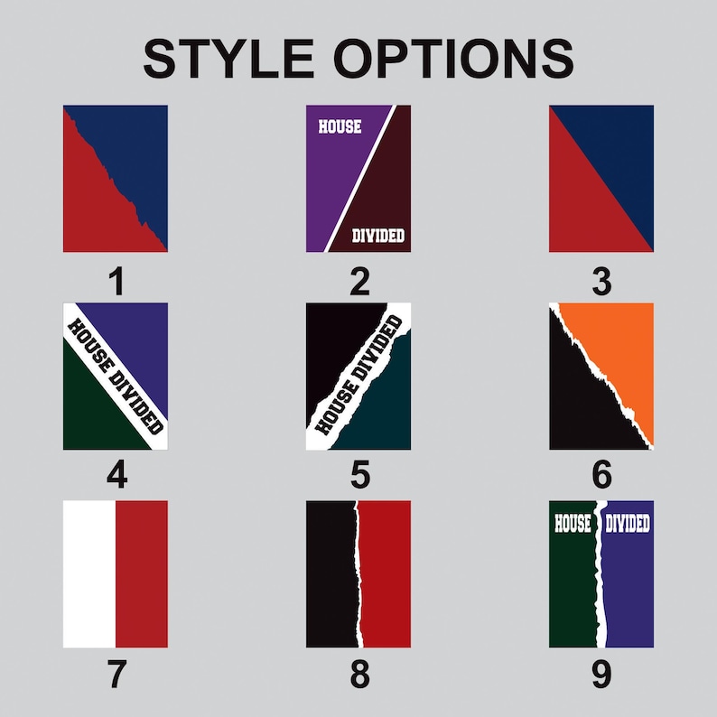 K&ouml;nnte beinhalten: Neun verschiedene Designoptionen f&uuml;r eine "House Divided"-Flagge. Die Designs zeigen eine Vielzahl von Farbkombinationen und Mustern, darunter einen zerrissenen Rand, einen diagonalen Schnitt und einen einfarbigen Block.