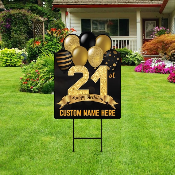 21st Birthday Yard Sign Decorations 18" x 24" - Coroplast 21 Year Old Birthday Party Happy Twenty One Birthday Yard Decor with Metal H-Stake