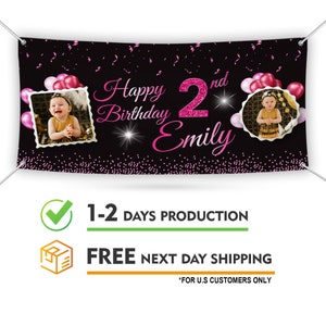Birthday Personalized Banner With Photo, 13 Oz Pink Party Decoration, Custom 18th 20th 30th 40th 50th Birthday Banner With Metal Grommets