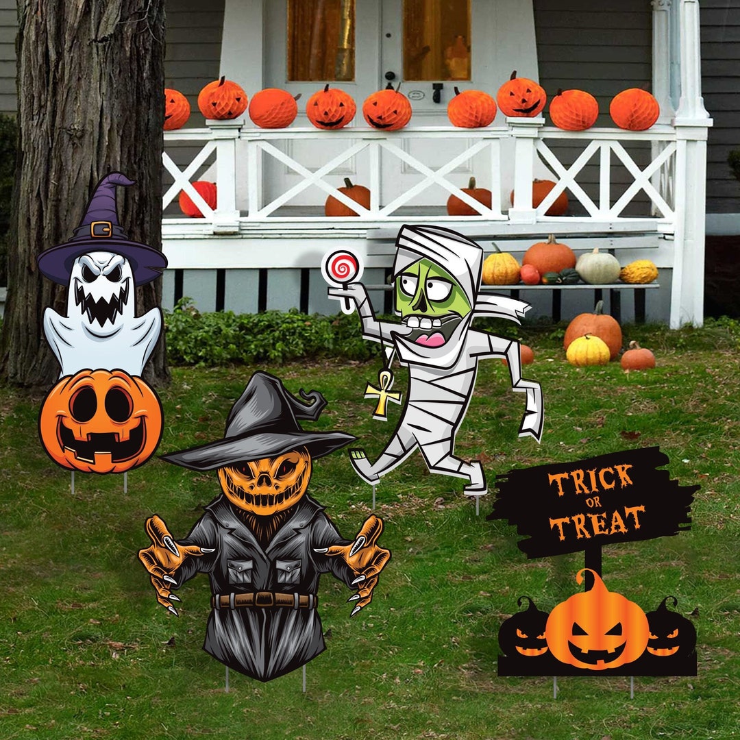 Halloween Yard Sign Cutouts, Mummy, Ghost Witch Hat, Scarecrow, Trick