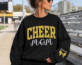 Personalized Glitter Cheer Mom Sweatshirt, Team Mom Crewneck, Custom Name & Bow, Cheerleading Spirit Wear, Custom Team Gift, Front Sleeve