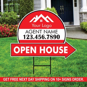 Custom Open House Arrow Yard Sign 18&quot; x 24&quot;, 2 Sided Add Your Text, Logo, Photo Personalized Open House Directional Signs with Metal H-Stake
