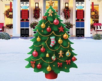 Christmas Tree Yard Sign, Outdoor Holiday Lawn Decoration with Stakes, Festive Ornamented Xmas Tree Garden Décor for Patio, Walkway & Home