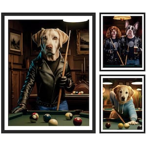 May include: Three dogs playing pool. A brown and white dog wearing a black leather jacket and holding a pool cue is standing next to a green pool table with billiard balls. Two dogs wearing leather jackets and holding pool cues are standing next to a green pool table with billiard balls.
