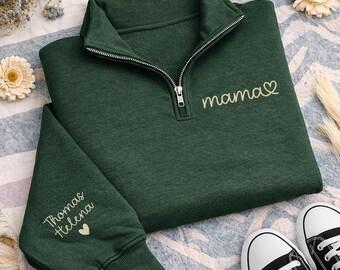 Mama Embroidered Quarter Zip Sweatshirt, Personalized Mama Pullover with Kids Names Sleeve, Custom Mom Gift, Mother's Day Apparel