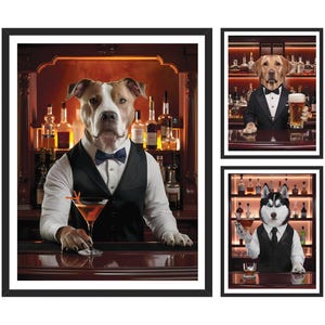 Personalized Pet Portrait Painting, Bartender Dog Artwork from Photo, Custom Gift for Dog Dad, Printable Wall Art, Bar Canvas Poster Decor
