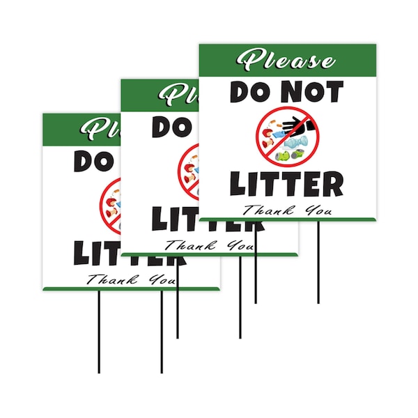 Pack of 3 Please Do Not Litter Yard Sign - Coroplast Don't Litter Signs, No Littering Signs, No Trash Signs, Recycle Signs with Stakes