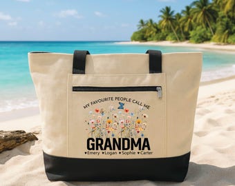 Grandma Tote Bag with Zipper, Personalized Grandma Gift, Custom Grandkids Name Tote, Floral Nana Beach Bag, Mothers Day Gift