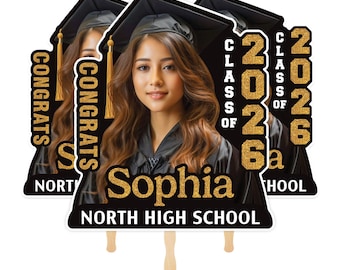 Custom Face Fans With Wooden Handle, Graduation Head, Grad Face Fans, Class of 2026 Head Fans, Graduation Faces on a Stick
