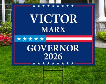 Letrero de jardín de Victor Marx para gobernador de Colorado 2026, de plástico corrugado, rojo, blanco y azul, con estaca metálica en forma de H.