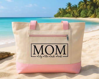 Mom Tote Bag with Zipper, Personalized Kids Names Bag, Custom Mother Gift, Mother's Day Gift, Family Names Tote, Everyday Travel Work Bag