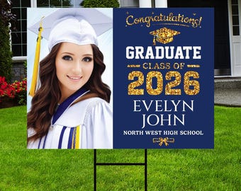 Personalized Graduation Yard Sign 2026 with Photo - Grad Sign, Class of 2026, Custom Graduation 2026 Yard Sign with Metal H-Stake