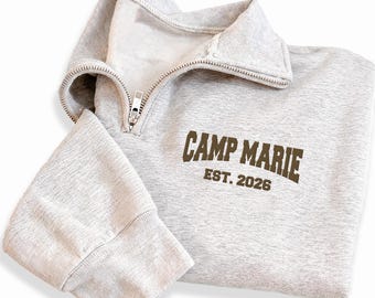 Camp Name Embroidered Quarter Zip Sweatshirt, Personalized Camp Pullover, Custom Camp Crew Gift, Summer Camp Counselor Team Outfit