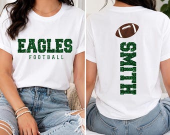 Camiseta de fútbol personalizada con purpurina, camiseta con el nombre del equipo personalizado, camiseta brillante para el día del partido, atuendo para aficionados al deporte, regalo para mamás aficionadas al fútbol, parte delantera y trasera