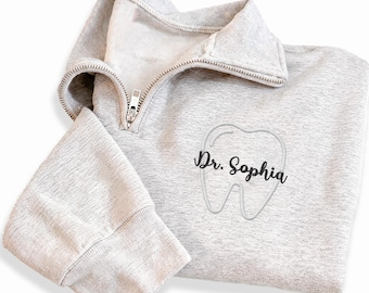 Dental Hygienist Embroidered Quarter Zip Sweatshirt, Personalized Tooth Dental Assistant Pullover, Orthodontist Pediatric Gift