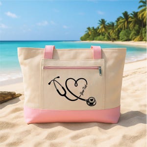 Personalized Nurse Tote Bag with Zipper, Custom Stethoscope Name Canvas Tote, RN Gift, Nurse Practitioner Gift, Medical Tote Bag image 1