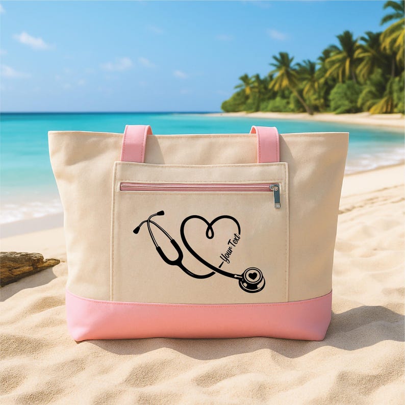 Personalized Nurse Tote Bag with Zipper, Custom Stethoscope Name Canvas Tote, RN Gift, Nurse Practitioner Gift, Medical Tote Bag image 1