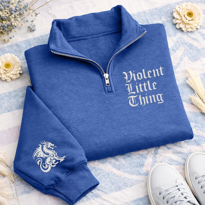 Fourth Wing Dragon Embroidered Quarter Zip Sweatshirt, Book Lover Pullover, Fantasy Reader Gift, Dragon Sleeve Cozy Zip Sweater image 7