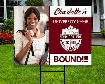 Personalized College Bound Yard Sign with Photo, College Logo Sign, Custom Graduate College University Bound Yard Sign with Metal H-Stake