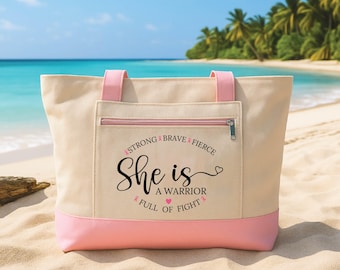 Personalized Breast Cancer Warrior Tote Bag with Zipper, Custom Name Canvas Tote, Pink Ribbon Art, Hospital Day Bag, Survivor Gift for Her