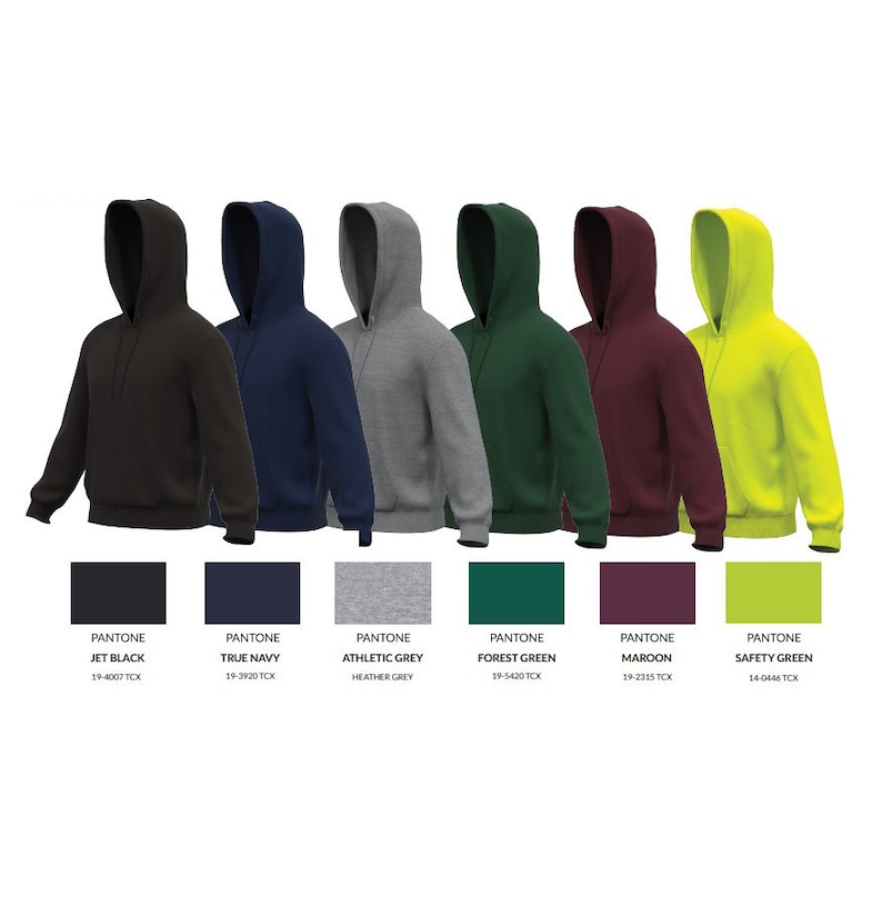 May include: Hooded sweatshirts in various colors, including jet black, true navy, athletic grey, forest green, maroon, and safety green. The sweatshirts are all the same style, with a drawstring hood and a kangaroo pocket.