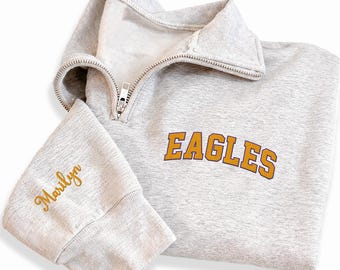 Personalized Mascot Embroidered Quarter Zip Sweatshirt, Custom Sports Team Pullover, School Team Spirit Quarter Zip Gift Apparel