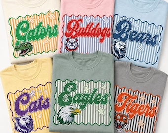 Personalized School Mascot Shirt, Custom Team Name Tee, Retro Varsity Spirit Wear Design, School Game Day Outfit, Coach Gift for Team