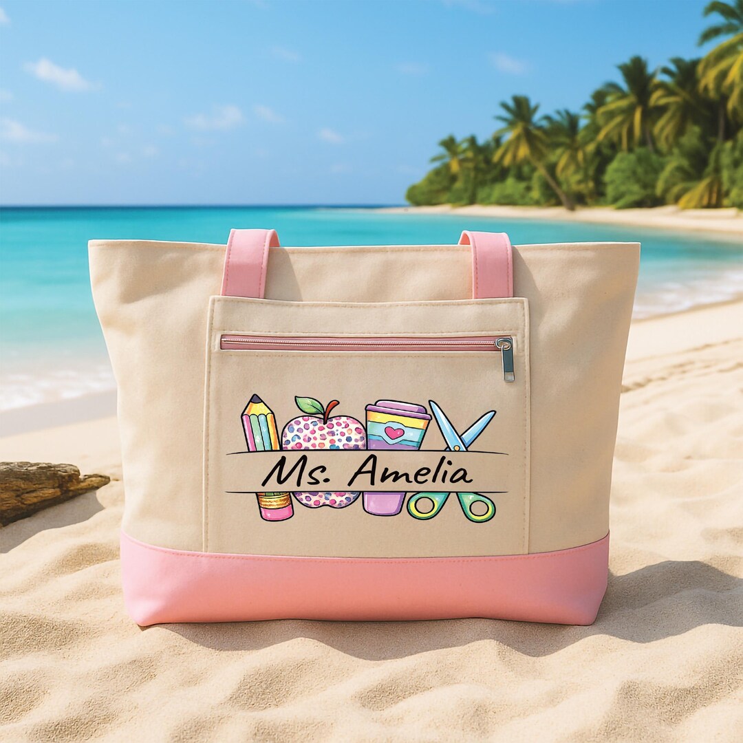 Teacher Tote Bag Personalized Name Zipper Tote, Custom Teacher Gift ...
