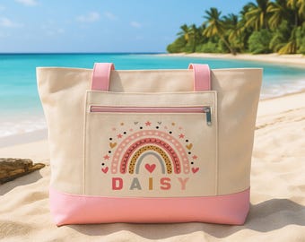 Sac fourre-tout personnalisé avec nom arc-en-ciel avec fermeture à glissière, sac en toile personnalisé pour enseignant, cadeau étudiant enseignant, cadeau de sac de bibliothèque