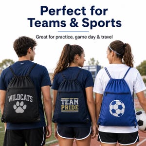 May include: Three drawstring backpacks with front zipper pockets. The black bag features a paw print and the text WILDCATS. The navy bag displays the text TEAM PRIDE. The blue bag shows a soccer ball graphic. Text reads Perfect for Teams & Sports.