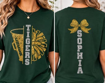 T-shirt pailleté personnalisé pour maman de pom-pom girl, T-shirt personnalisé pour équipe de pom-pom girl, Nom de la pom-pom girl, Haut pour les jours de match, Cadeau pour maman de sportive, Devant et derrière