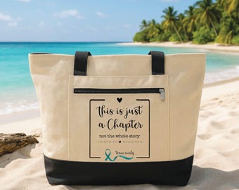 Personalized Cancer Support Tote Bag with Zipper, Custom Team Name Canvas Tote Bag, Teal Ribbon Art, Chemo Care Carryall, Cancer Care Gift