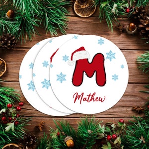 Personalized Christmas Stickers, Custom Xmas Santa Initial Stickers, Christmas Gift Labels, Round Christmas Party Favors, Xmas Gift Stickers
