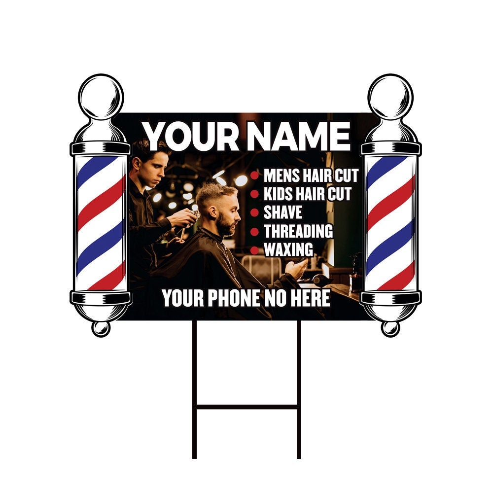 Personalized Barber Shop Yard Sign - Coroplast Visible Text Long Lasting Salon Hairdresser, Custom Barber Shop Yard Sign with Metal H-Stake