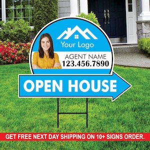 Custom Open House Arrow Yard Sign 18&quot; x 24&quot;, 2 Sided Add Your Text, Logo, Photo Personalized Open House Directional Signs with Metal H-Stake