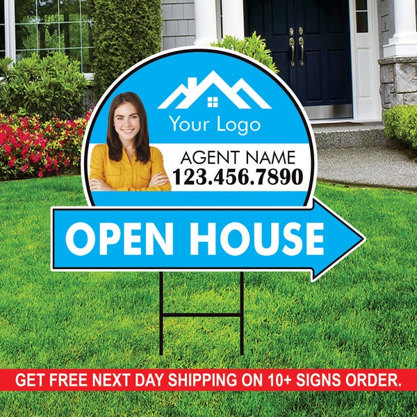 Custom Open House Arrow Yard Sign 18" x 24", 2 Sided Add Your Text, Logo, Photo Personalized Open House Directional Signs with Metal H-Stake