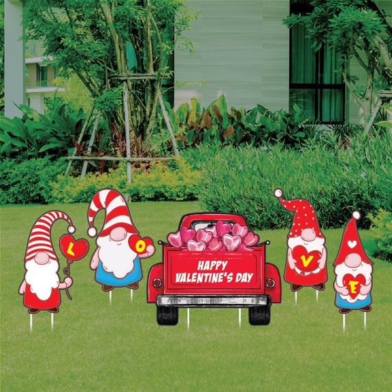 Gnome Valentines Day Yard Sign Decorations Coroplast Love Heart Gnomes Car  Happy Valentines Day Yard Sign With Metal H-stake 