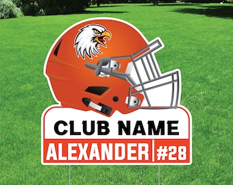 Personalized Football Helmet Yard Sign 24" x 24", Custom Name, Number, Logo Colors Outdoor Football Helmet Yard Signs with Metal Stakes